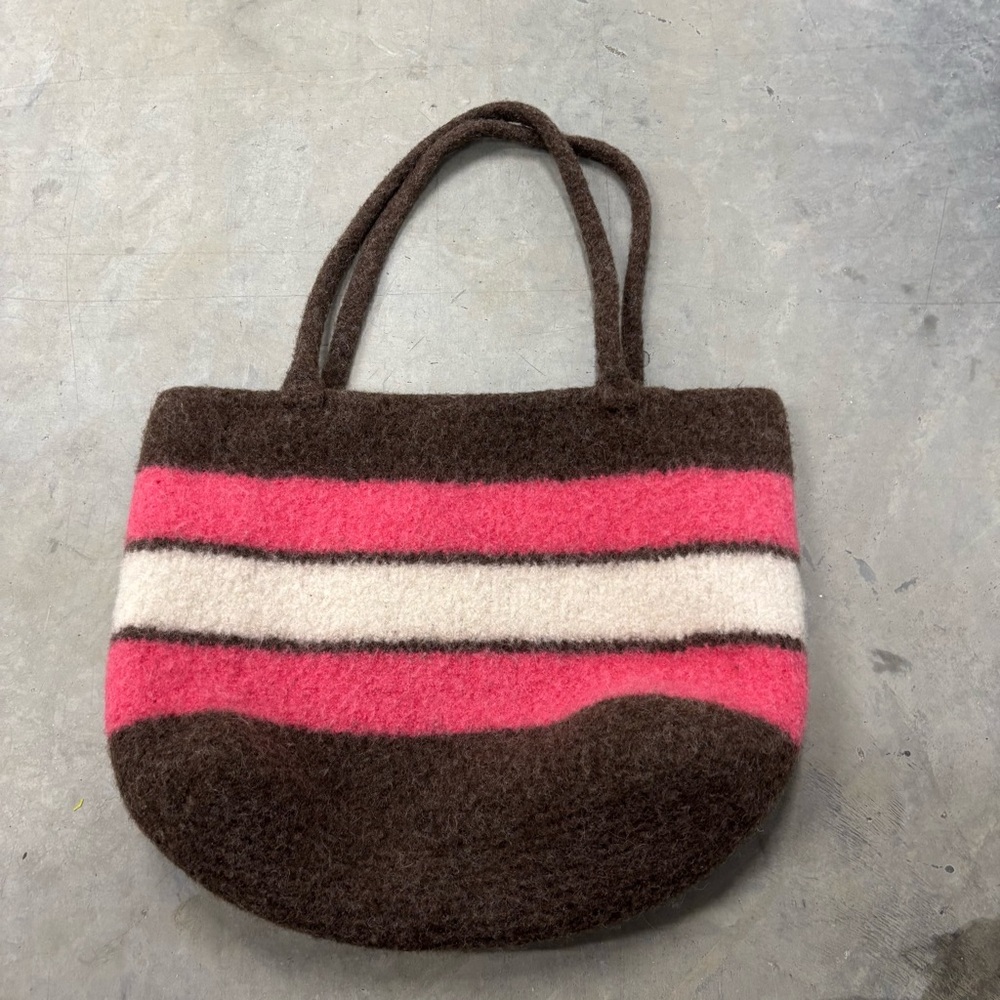 Hand Made Hand Knitted Felted Wool Tote Bag Brown Pink And White Striped